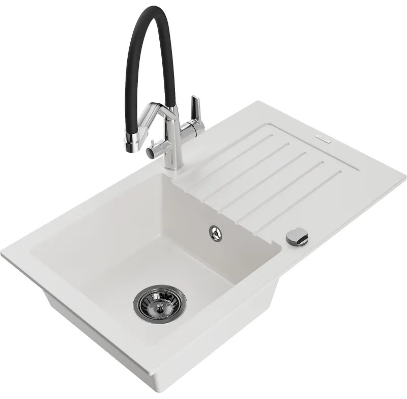 Mexen Pablo еднокамерен гранитен мивка с отцедник и кухненски смесител Duo, бял - 6510-20-671701-07-B