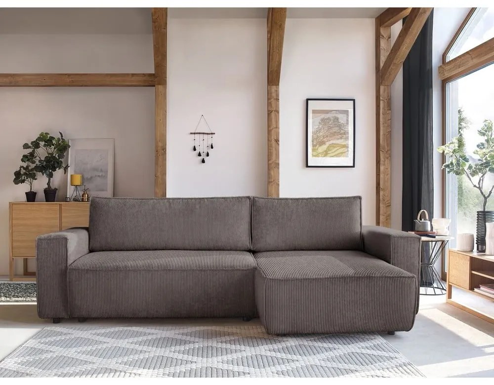 Кафяво-сив сгъваем/с място за съхранение ъглов диван от рипсено кадифе Nihad – Bobochic Paris