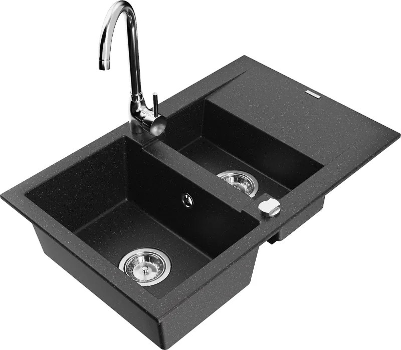 Mexen Gaspar гранитна мивка 1,5-камерна с отцедник и кухненски смесител Telma, черен/сребърен - 6507-73-670200-00
