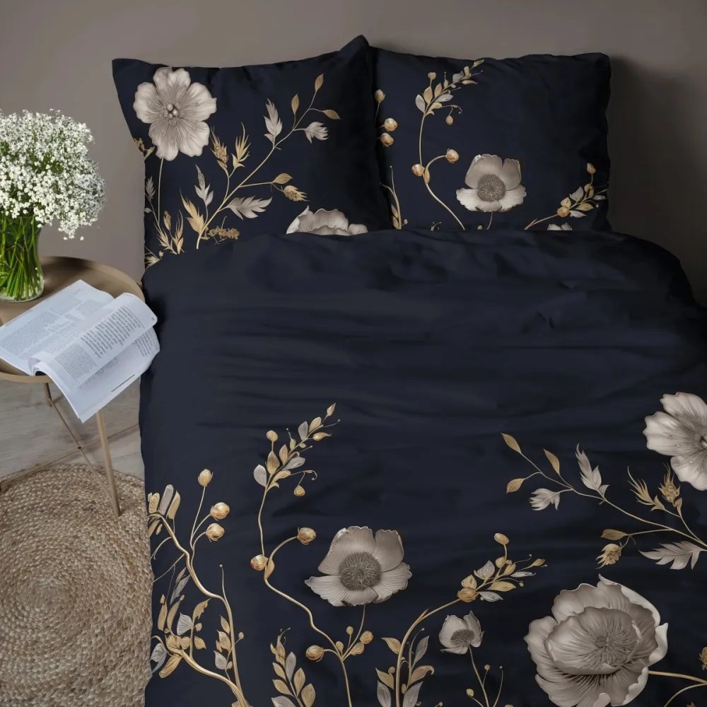 Чаршафи от микрофибър - черни с бежово-златиста флорална шарка 3 časti: 1ks 200x220 + 2ks 70x80