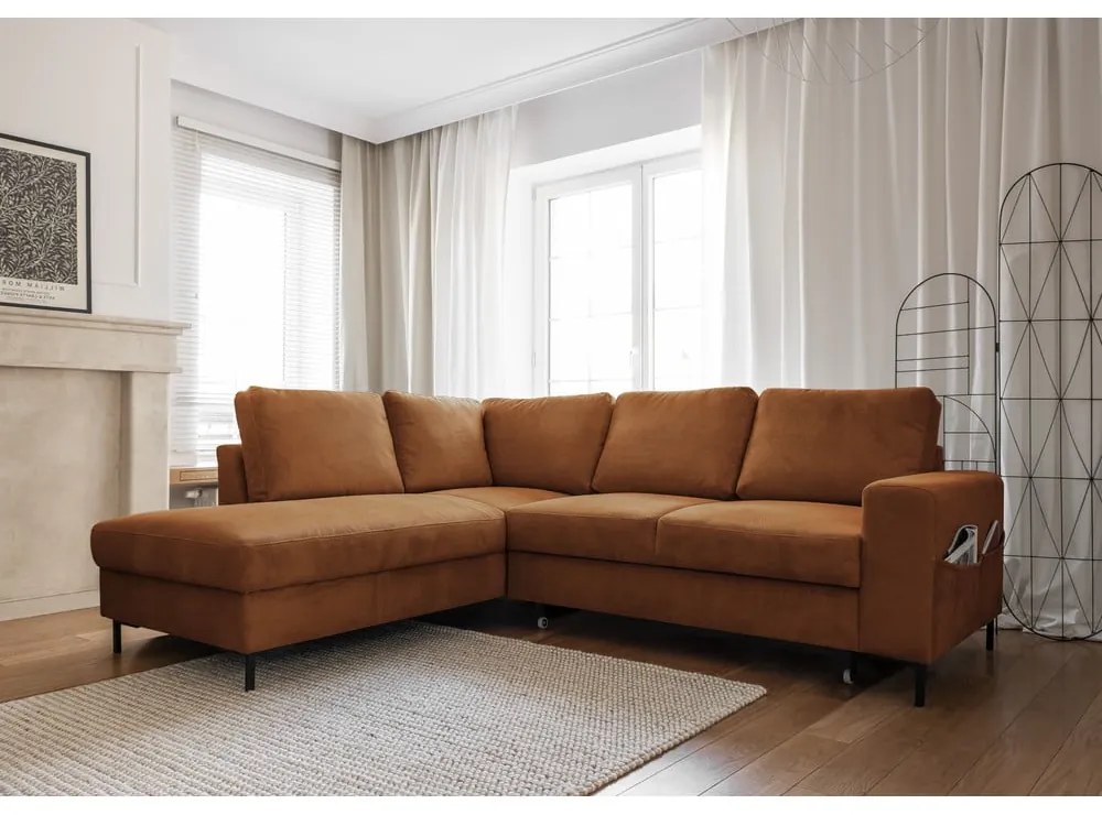 Оранжево-кафяв разтегателен ъглов диван от рипсено кадифе (ляв ъгъл) Lofty Lilly – Miuform