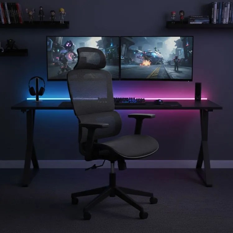 Ергономичен офис стол с регулируема облегалка за глава и мрежеста облегалка