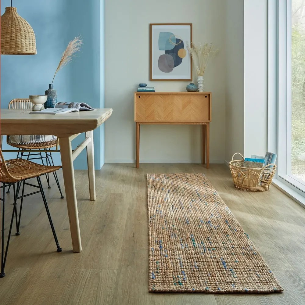 Синьо-естествена ръчно изработена ютена пътека 60x230 cm Jute Boucle Blue – Flair Rugs