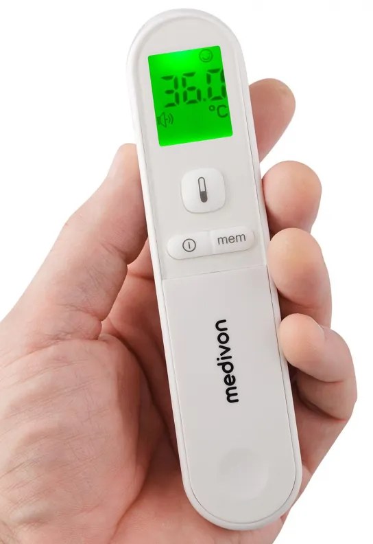 Безконтактен термометър Medivon Timi Smart Verona, Инфрачервен, За деца, Измерване за 1 секунда, Памет, Цветова индикация, LCD, Звук, Лазер, Бял