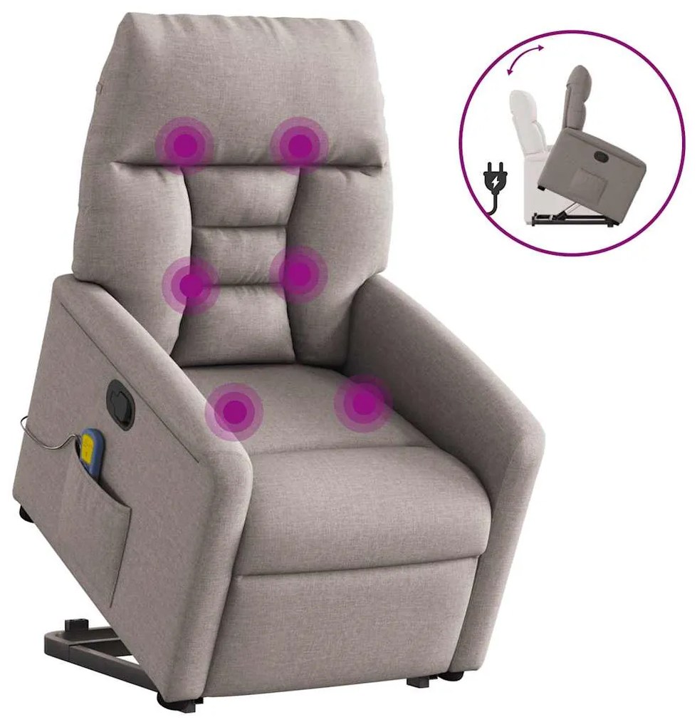 3303049 vidaXL Масажен изправящ стол реклайнер, таупе, текстил