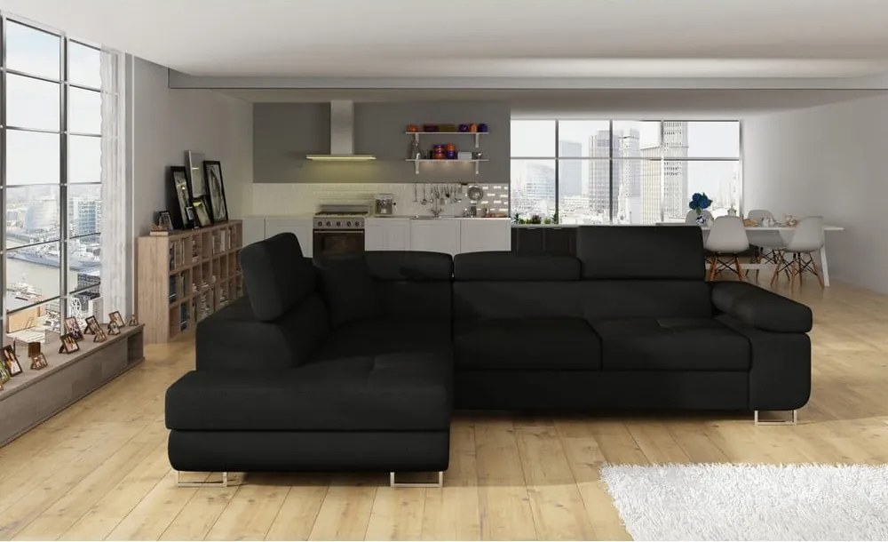 Черен разтегателен ъглов диван с място за съхранение (ляв ъгъл L форма) Anton – ELTAP