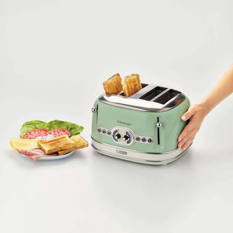 Тостер за хляб Ariete VINTAGE 0156/04, 1600W, 4 филии, 3 функции, 6 степени, Подвижна тава за трохи, Зелен