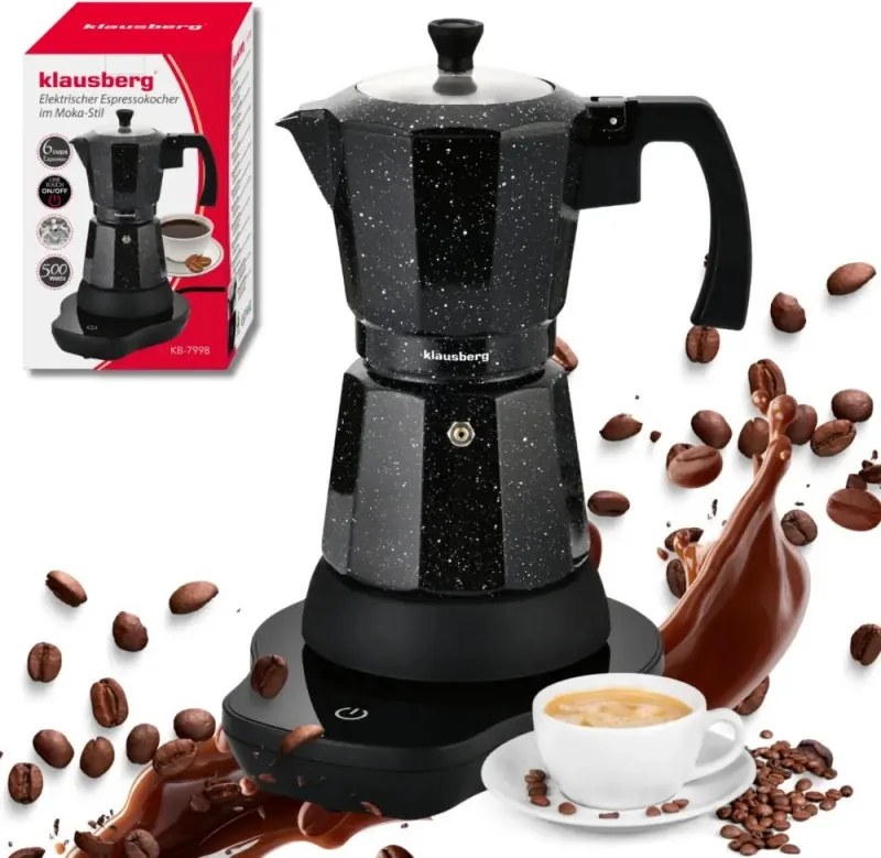 Електрическа кубинска кафеварка Klausberg KB 7998, 500W, 6 чаши, Вграден нагревател, Предпазен клапан, Черен мрамор
