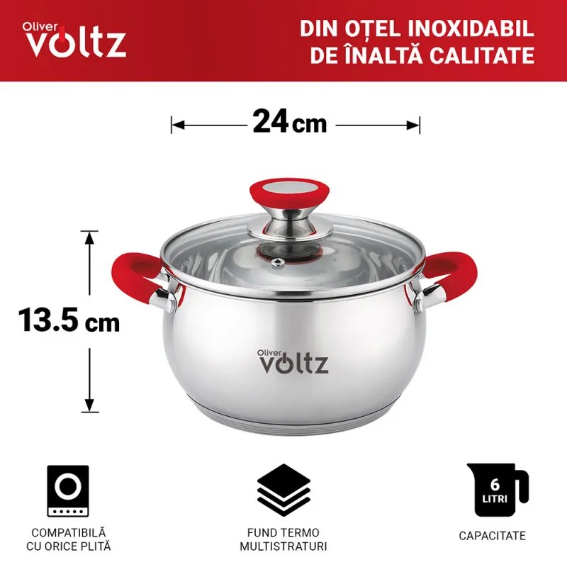 Тенджера Oliver Voltz OV51210N24, 24 см, 6 л, Индукция, Силиконови дръжки, Инокс/червен