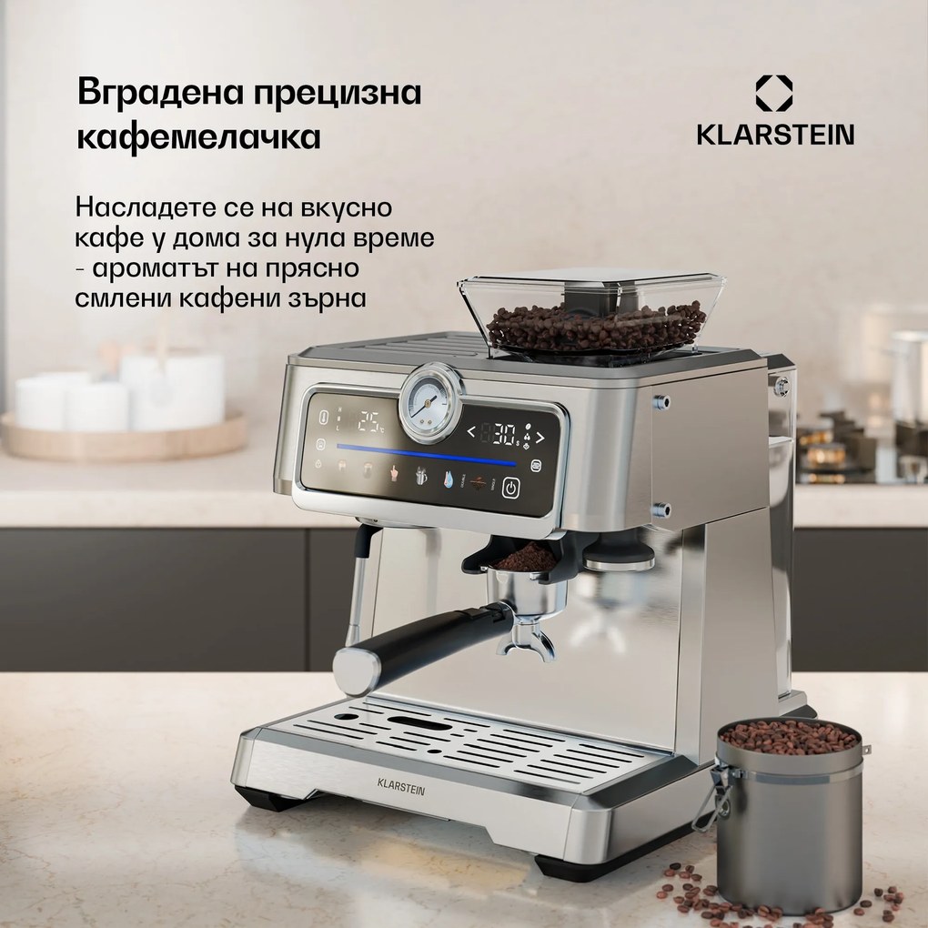 Klarstein Кафемашина GrandPresso Touch, 20 бара, вградена мелница, индикатор за налягане, млечна пяна
