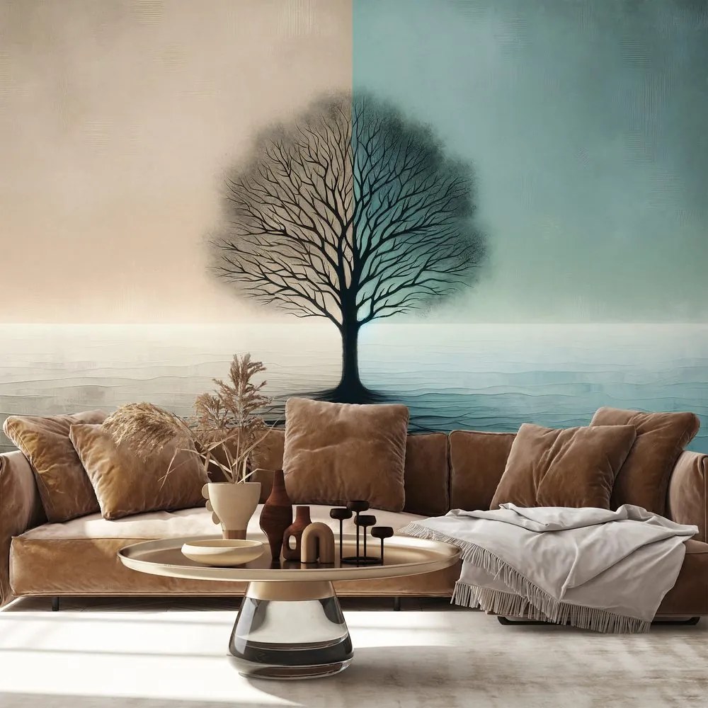 Самозалепващ тапет – Дървото на живота в синьо-бежов контраст