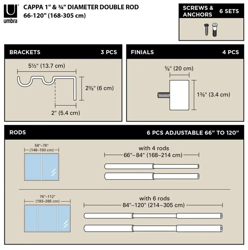 Разтегателен двоен корниз от неръждаема стомана 168 - 305 cm Cappa - Umbra