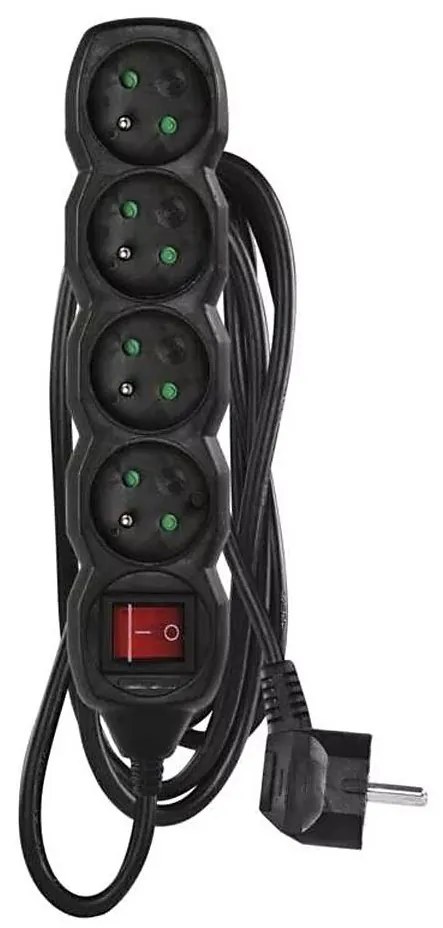 Удължител с ключ 4 гнезда 3м черен