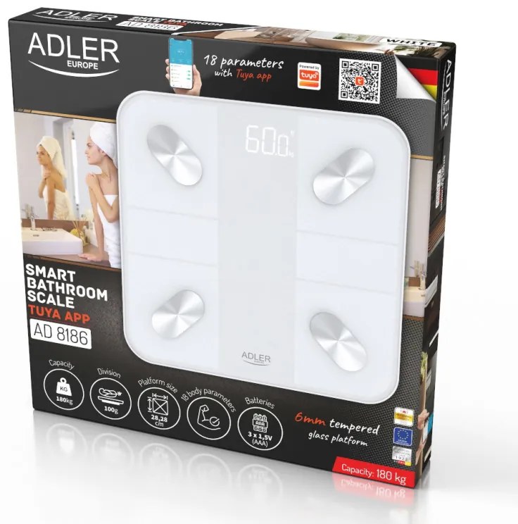Кантар Adler AD 8186, SMART Tuya, До 180 кг, LED дисплей, 3 x ААА, Бял