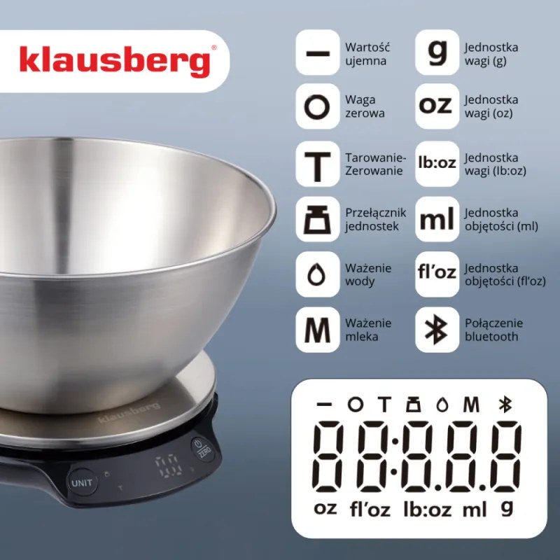 Кухненска везна с купа Klausberg KB 7939, 5 Kg, Bluetooth, Мобилно приложение, LED, ТАРА, Течности, 4 хранителни стойности, Инокс