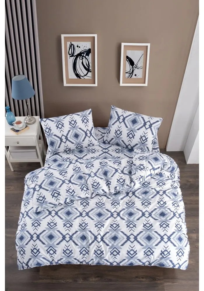 Бяло-синьо единично удължено спално бельо с включен долен чаршаф 3 части 160x220 cm Geometric – Mila Home