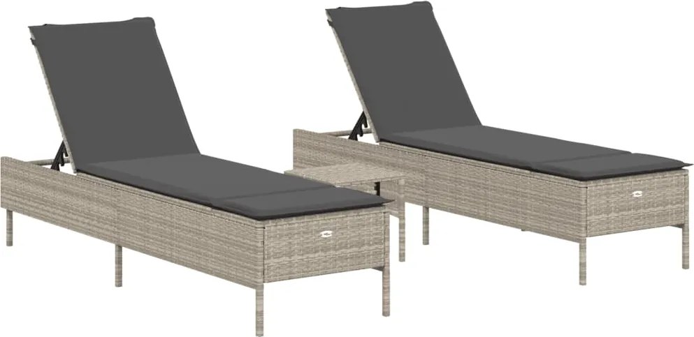 3284268 vidaXL Комплект от 3 части шезлонги с възглавници светлосив полиратан