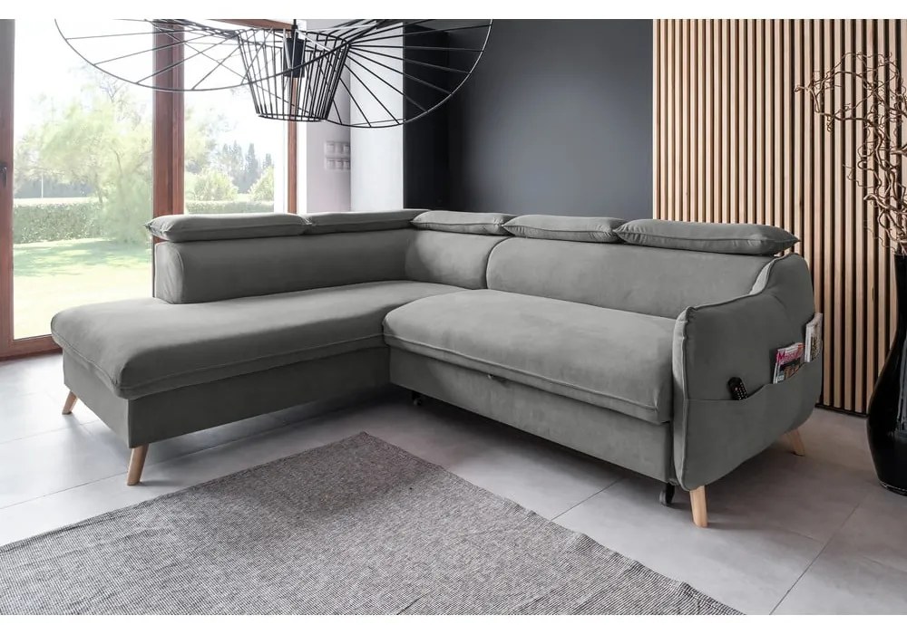 Ъглов разтегателен диван от светлосиво кадифе (ляв ъгъл) Sweet Harmony - Miuform