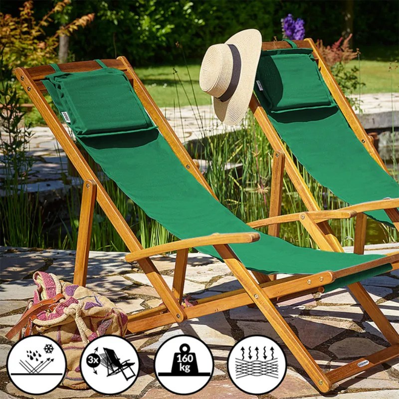 Сгъваем регулируем градински шезлонг от акациева дървесина Зелено