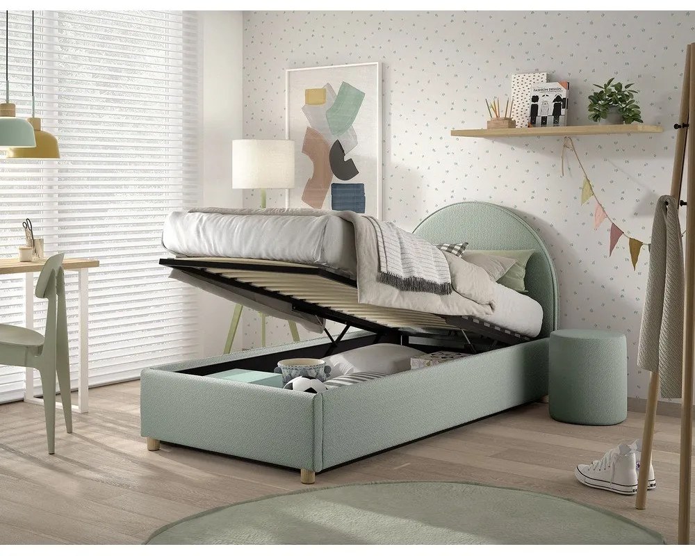 Зелено тапицирано единично легло с място за съхранение с включена подматрачна рамка 90x200 cm Moon – Vipack