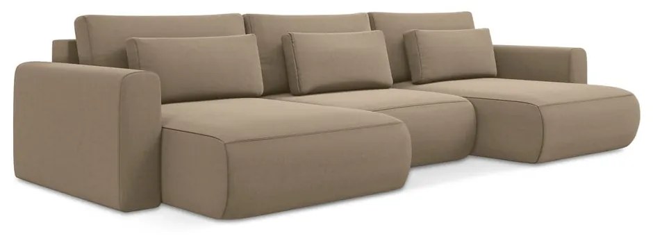 Светлокафяв кадифен разтегателен ъглов диван с място за съхранение (U форма) Kapua – Makamii