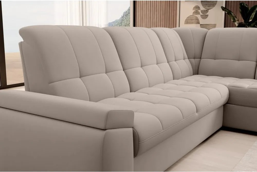 Бежов кадифен разтегателен ъглов диван с място за съхранение (десен ъгъл L форма) Sado – ELTAP