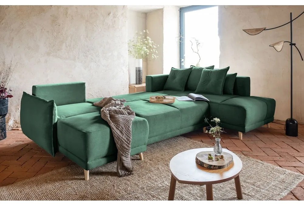 Зелен ъглов диван от велур (десен ъгъл/U-образна форма) Lazy Lukka - Miuform