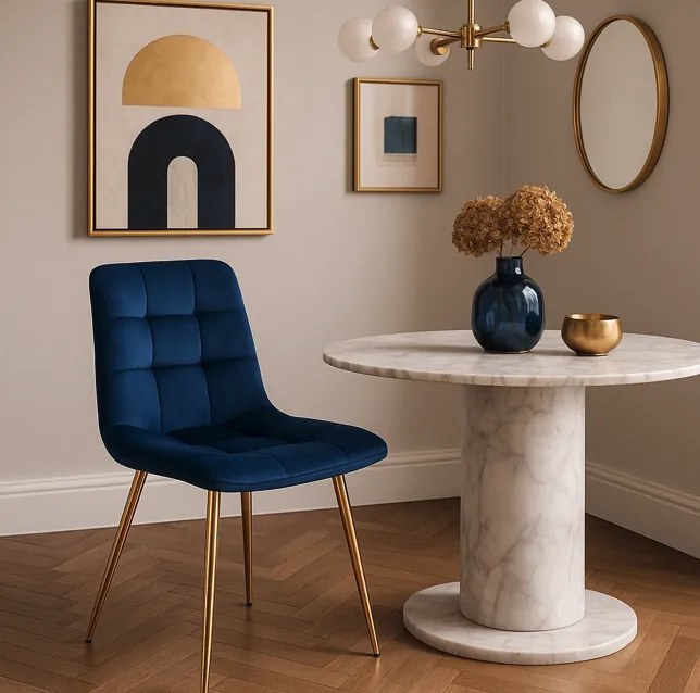 Тапициран кадифен стол YORK със златни крака - различни цветови покрития Син