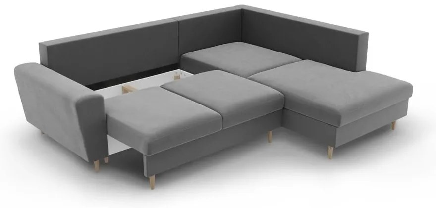 Светлосив кадифен разтегателен ъглов диван с място за съхранение (десен ъгъл/L форма) Kyoto – Cosmopolitan Design