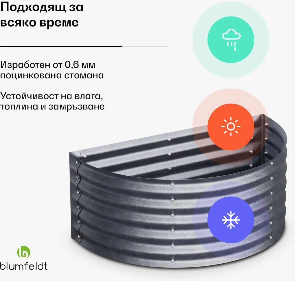 Blumfeldt High Grow полукръгла повдигната градина 105 x 43 x 60 см стоманен профилиран лист, лесен монтаж, ръждоустойчива и frost-устойчива