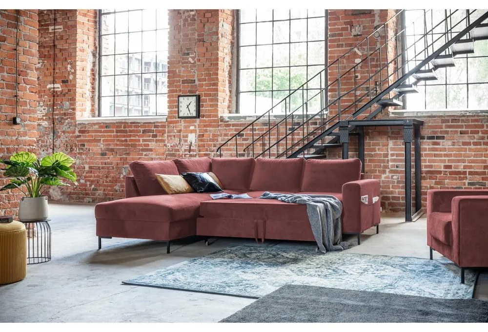 Розов кадифен разтегателен ъглов диван (ляв ъгъл) Lofty Lilly – Miuform