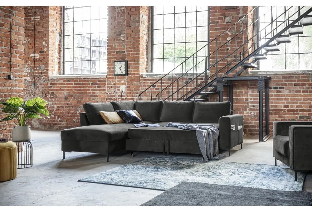 Тъмносив кадифен разтегателен ъглов диван (ляв ъгъл) Lofty Lilly – Miuform