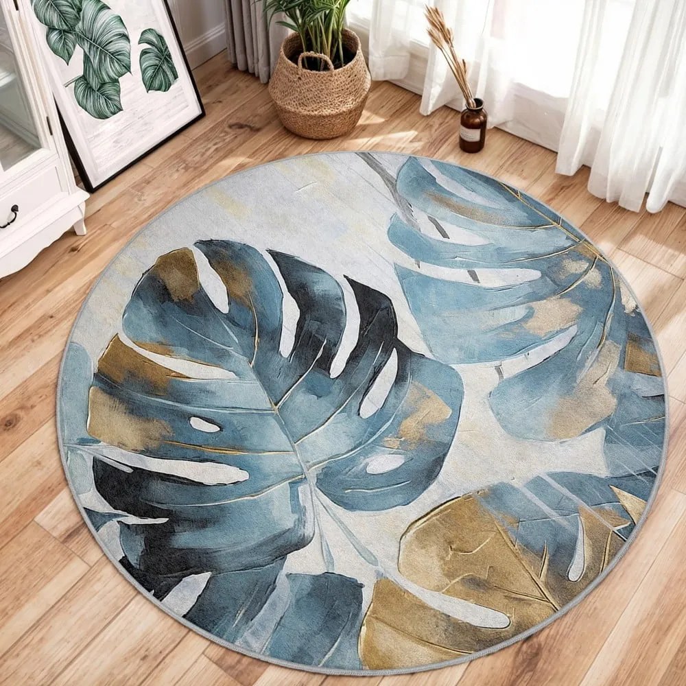 Син кръгъл килим подходящ за пране ø 150 cm Golden Leaves – Mila Home