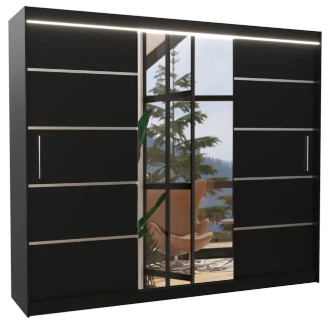 Гардероб с плъзгащи врати с огледало RIMBA, 250x215x58, черен + LED