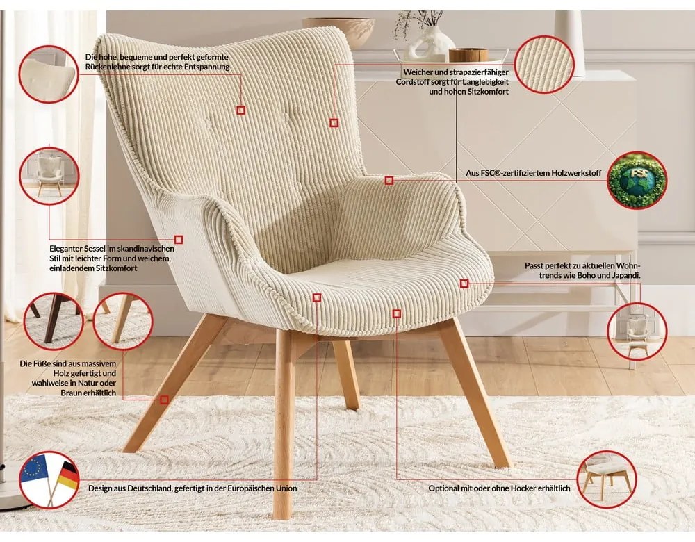 Бежово кресло от рипсено кадифе Niko – Ropez