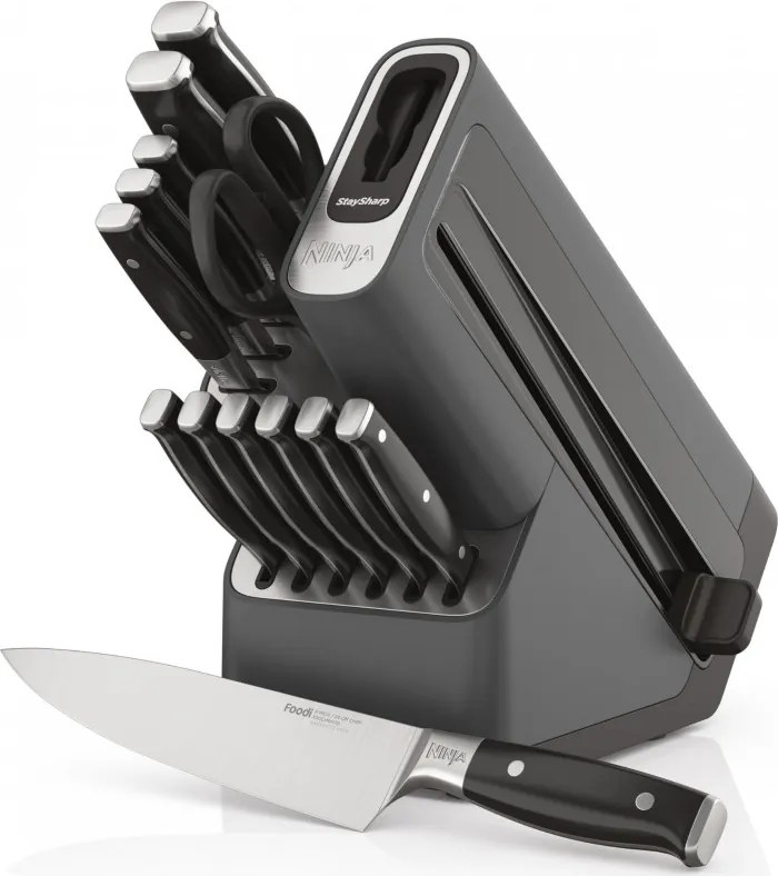 Комплект кухненски ножове с точило Ninja K32014EUUK, 14 части, StaySharp, Ергономичен дизайн, Сребрист/черен