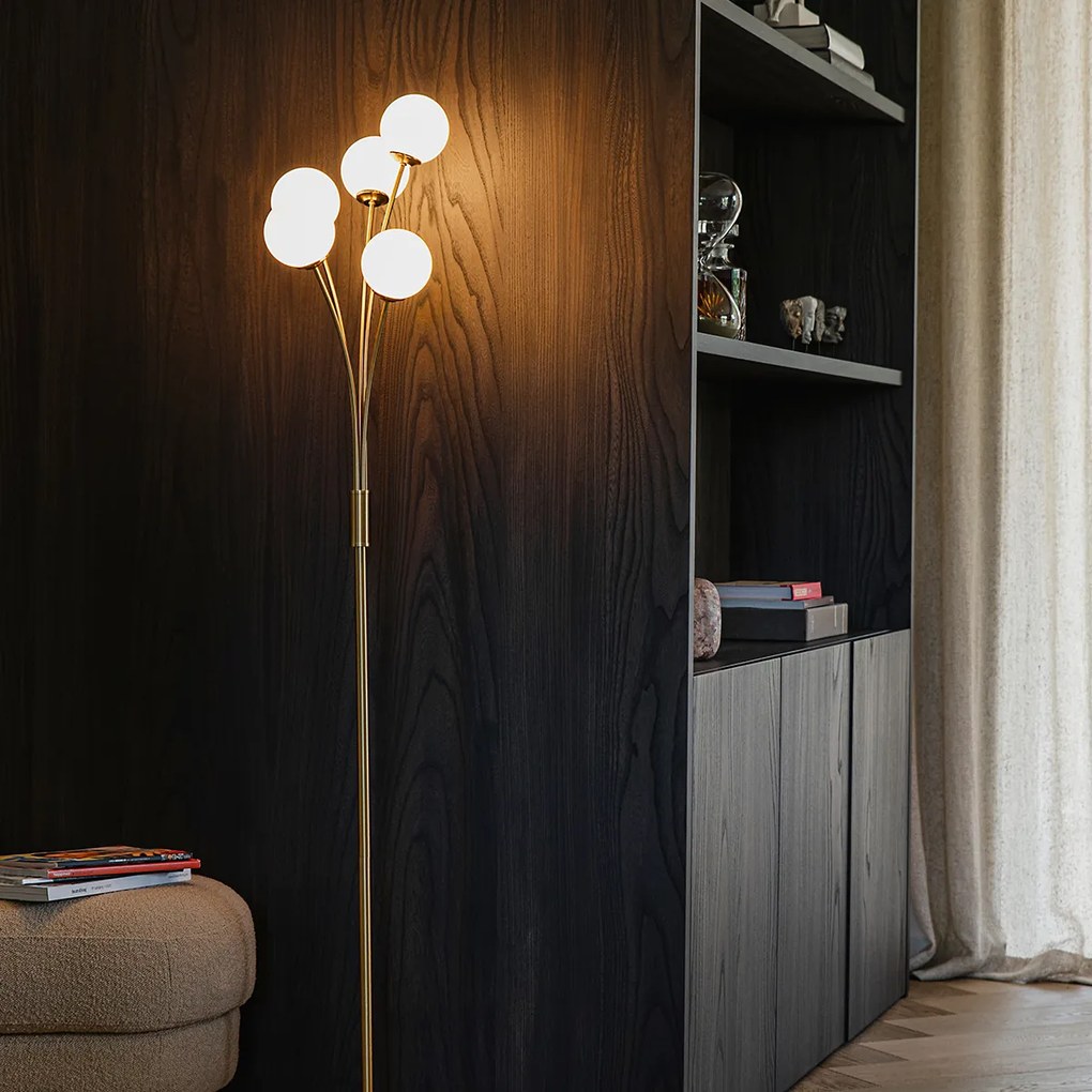 Модерна подова лампа златиста с опалово стъкло 5-светлина - Атина