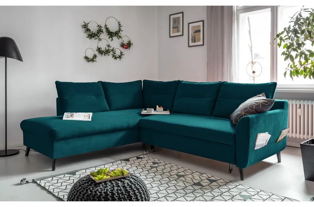 Ъглов разтегателен диван от тюркоазено кадифе L, ляв ъгъл Stylish Stan - Miuform