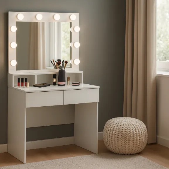 Бяла тоалетка с LED огледало, чекмеджета и отделения