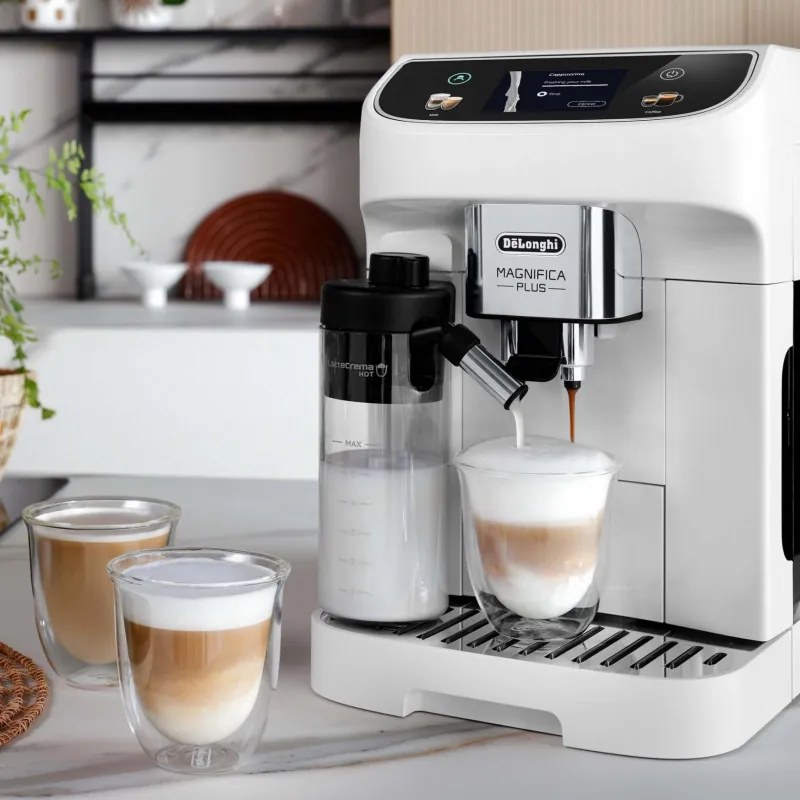 Кафеавтомат DeLonghi Magnifica PLUS ECAM 320.60.W, 1450W, 15 bar, 1.8l, 15 програми, 13 нива на смилане, TFT тъчскрийн, LatteCrema Hot, Опция за кафе на зърна, Бял