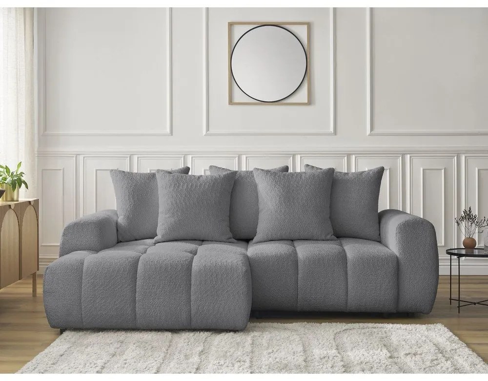 Сив разтегателен ъглов диван с място за съхранение от букле (ляв ъгъл) Roxelane – Bobochic Paris