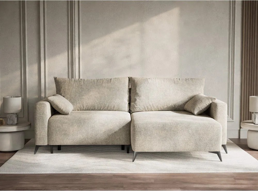 Бежов шенилов сгъваем/с място за съхранение ъглов диван (десен ъгъл) Leon – Maison de Rêve