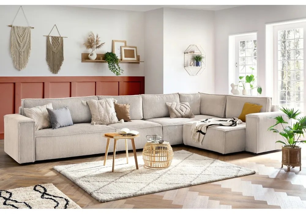 Кремав ъглов диван от велур, десен ъгъл Nihad modular - Bobochic Paris