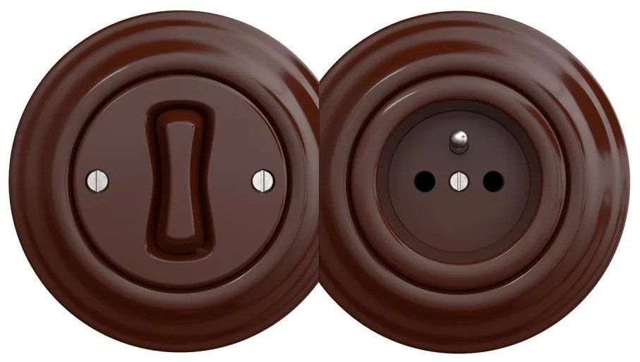 Kliklap - Ретро еднополюсен ключ № 1 и 230V розетка с кафява рамка