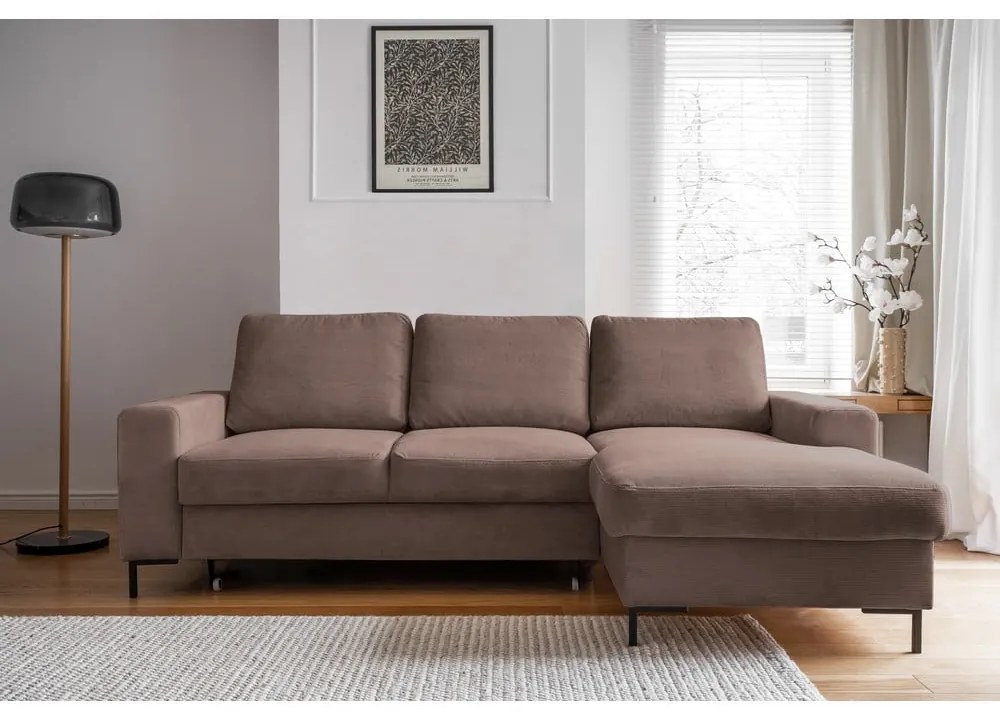 Кафяв разтегателен ъглов диван от рипсено кадифе (десен ъгъл) Lofty Lilly – Miuform