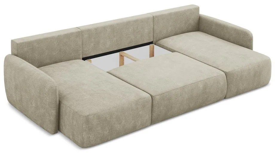 Бежов шенилов разтегателен ъглов диван с място за съхранение (U форма) Lilo – Makamii