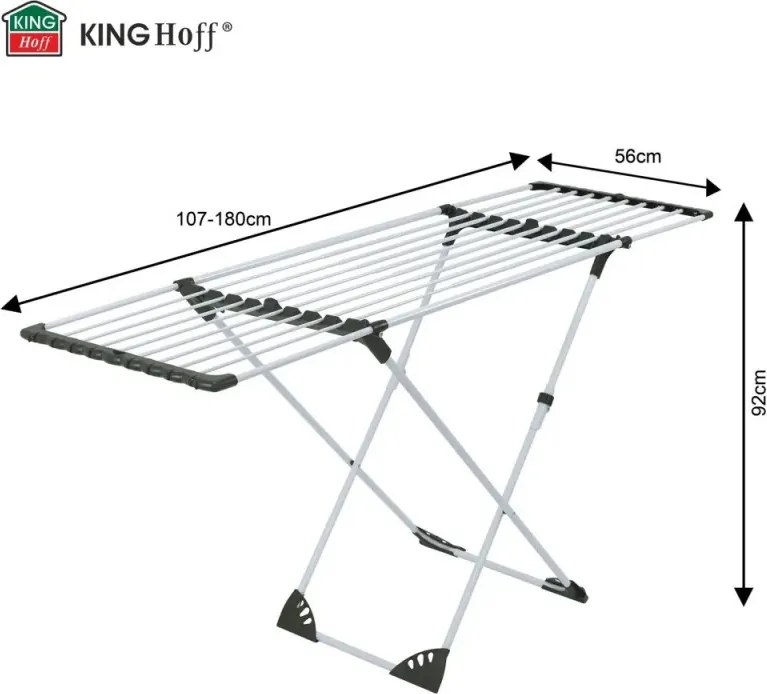 Сгъваем сушилник за дрехи Kinghoff KH 2042, 20 м, До 20 кг, Регулируема дължина, Противоплъзгащи накрайници, Бял/черен