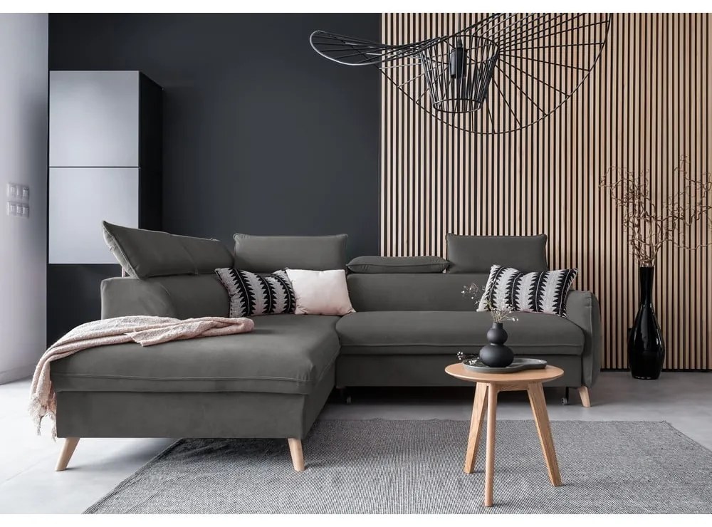 Тъмносив ъглов разтегателен диван от кадифе (ляв ъгъл) Sweet Harmony - Miuform