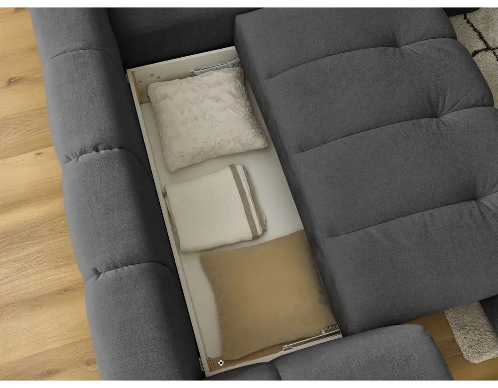 Тъмносив сгъваем/с място за съхранение ъглов диван (десен ъгъл/L форма) Fuji – Bobochic Paris