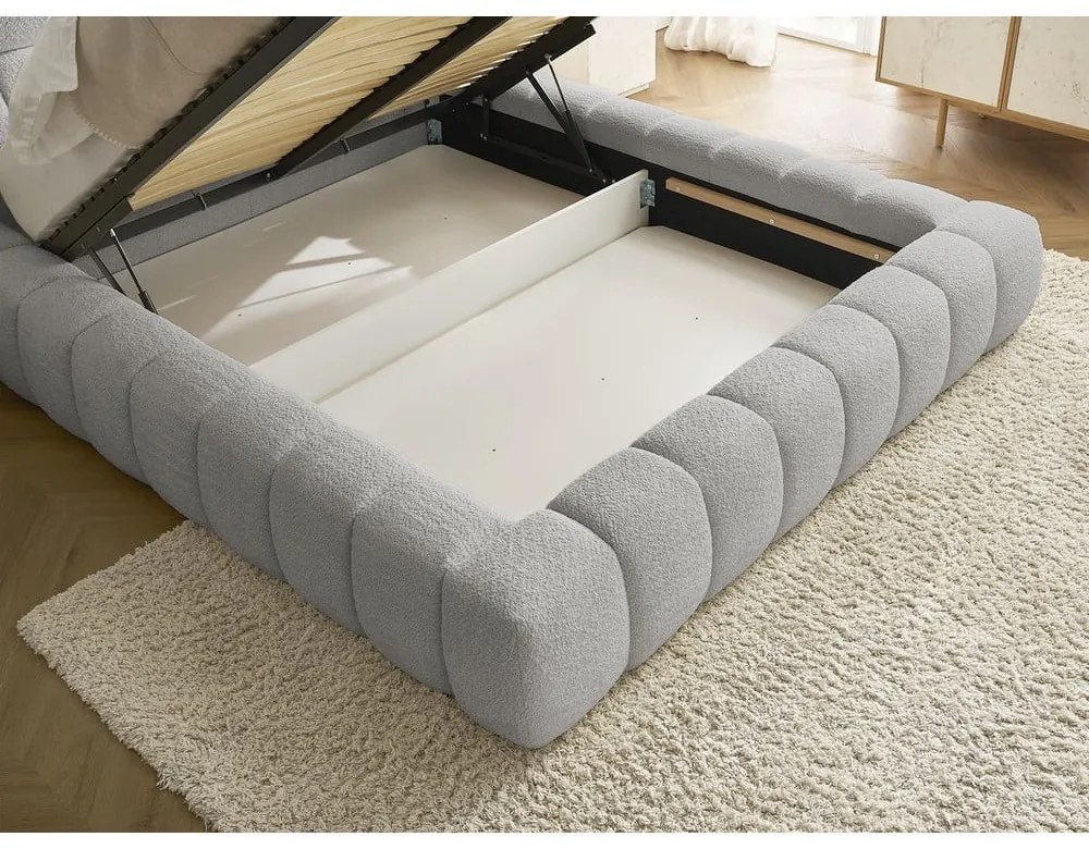 Светлосиво двойно легло 180x200 cm тапицирано с място за съхранение с включена подматрачна рамка Mont Blanc – Bobochic Paris